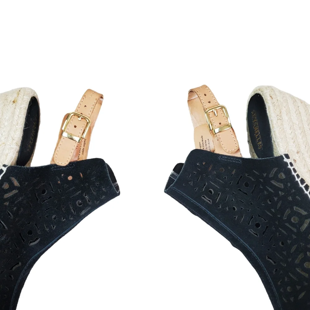 Seychelles Black Laser Cut Suede Leather Espadrille Wedge Shoes Size 7.5